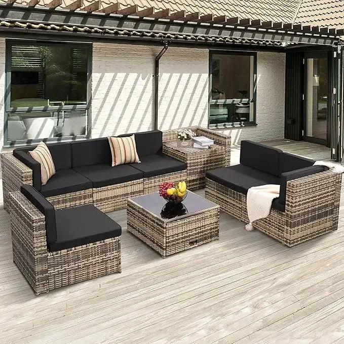 Eight Piece Outdoor Grey Rattan Patio Set With Glass Table And Hidden Storage