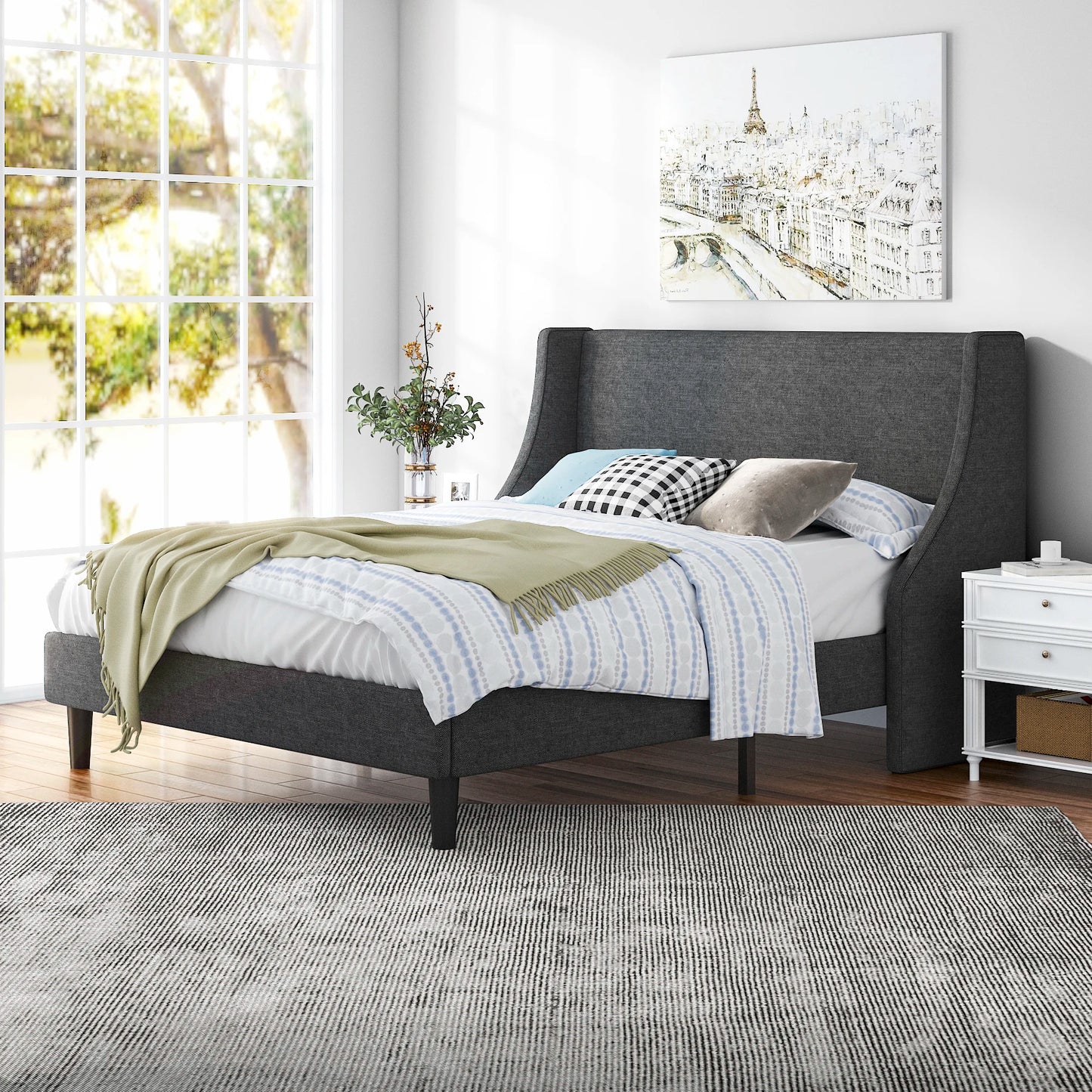 HOOMIC Fabric Upholstered Wingback Platform Bed with Headboard and Wood Slats