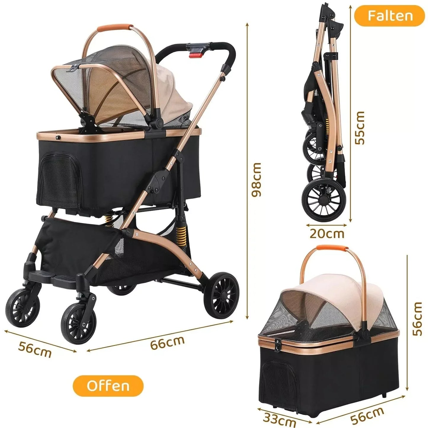Dog Buggy 2 in 1 Stroller for Small Dogs and Cats Foldable Transport with 360 Degree Wear Resistant Rubber Wheels and Storage Basket