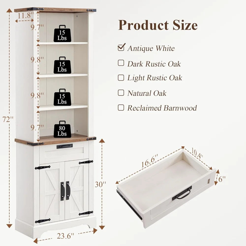 72 Inch Tall Farmhouse Style Bookshelf With Storage And Adjustable Shelves