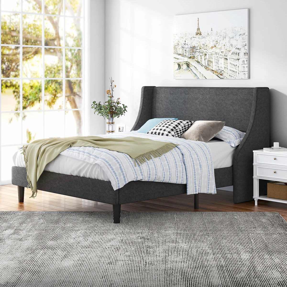 HOOMIC Fabric Upholstered Wingback Platform Bed with Headboard and Wood Slats