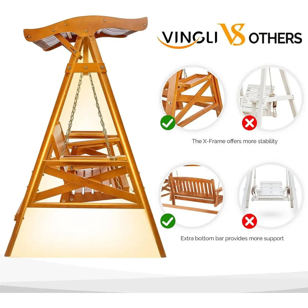 Durable Teak Outdoor Porch Swing With Cup Holder For Patio, Yard, And Garden