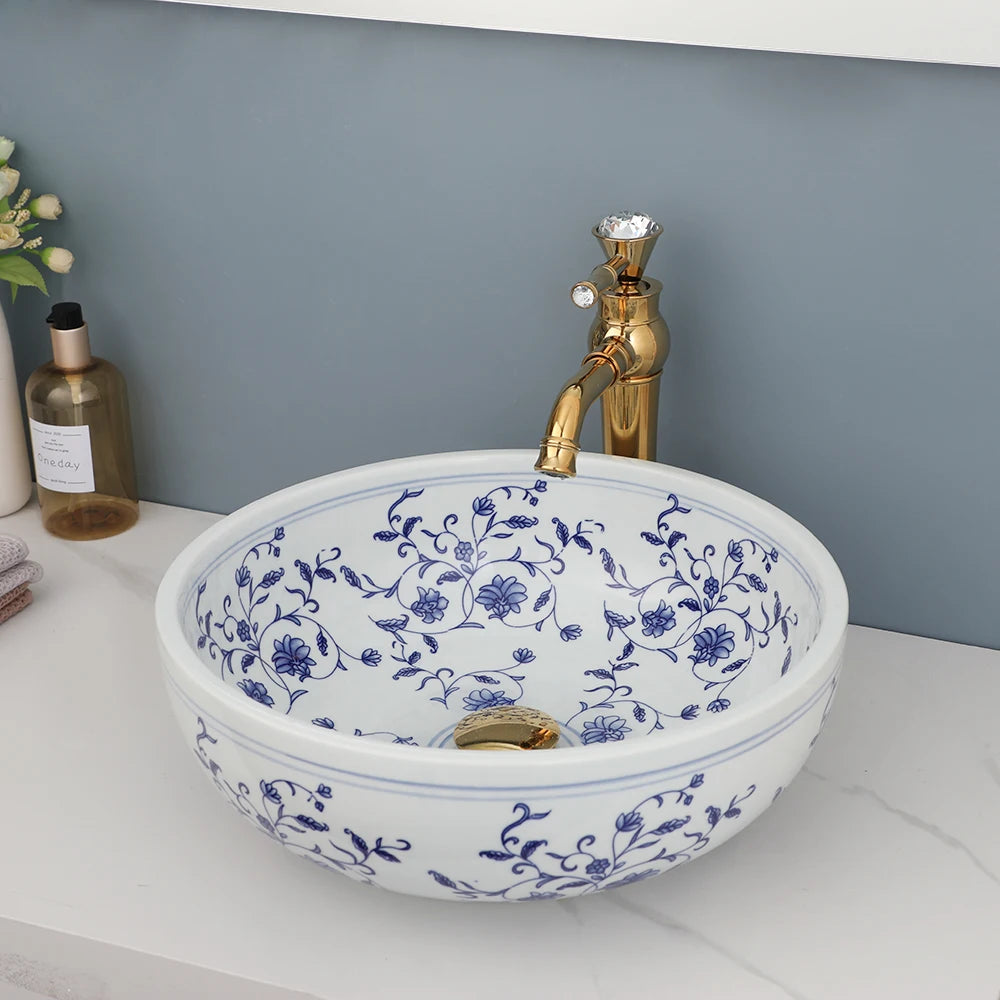 Hand Painted Ceramic Round Bathroom Basin Sink With Faucet