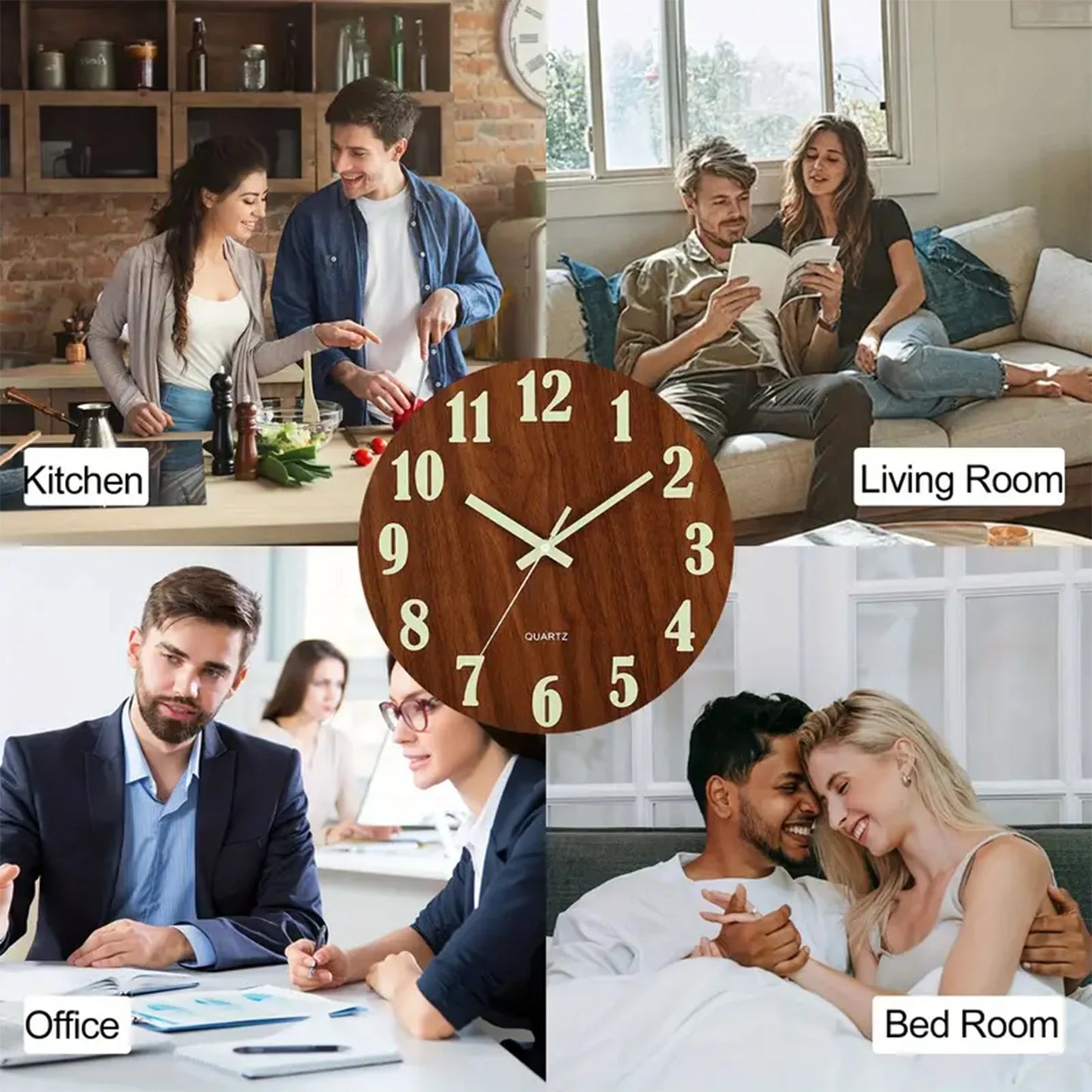 12 Inch Wooden Luminous Wall Clock Silent Non Ticking Analog Clock for Living Room Bedroom Office Decor