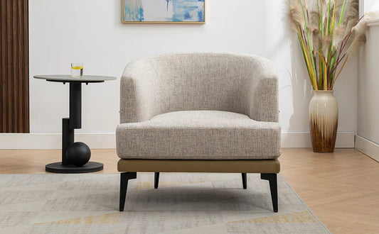 Two Tone Barrel Chair Mustard Green Linen and PU Leather