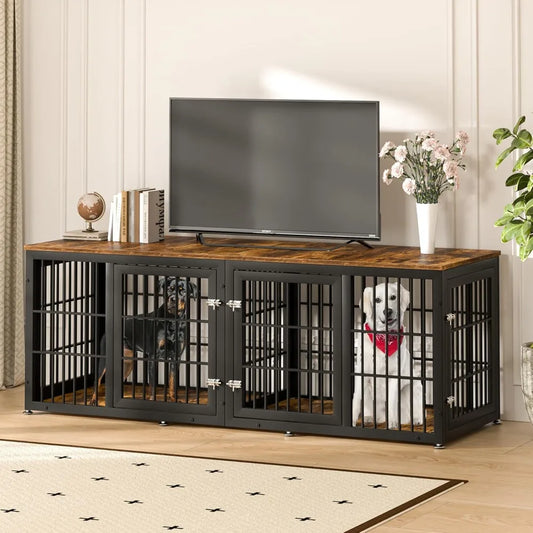 78 Inch Double Dog Crate Furniture Heavy Duty Wooden Divider Kennel For 2 Dogs