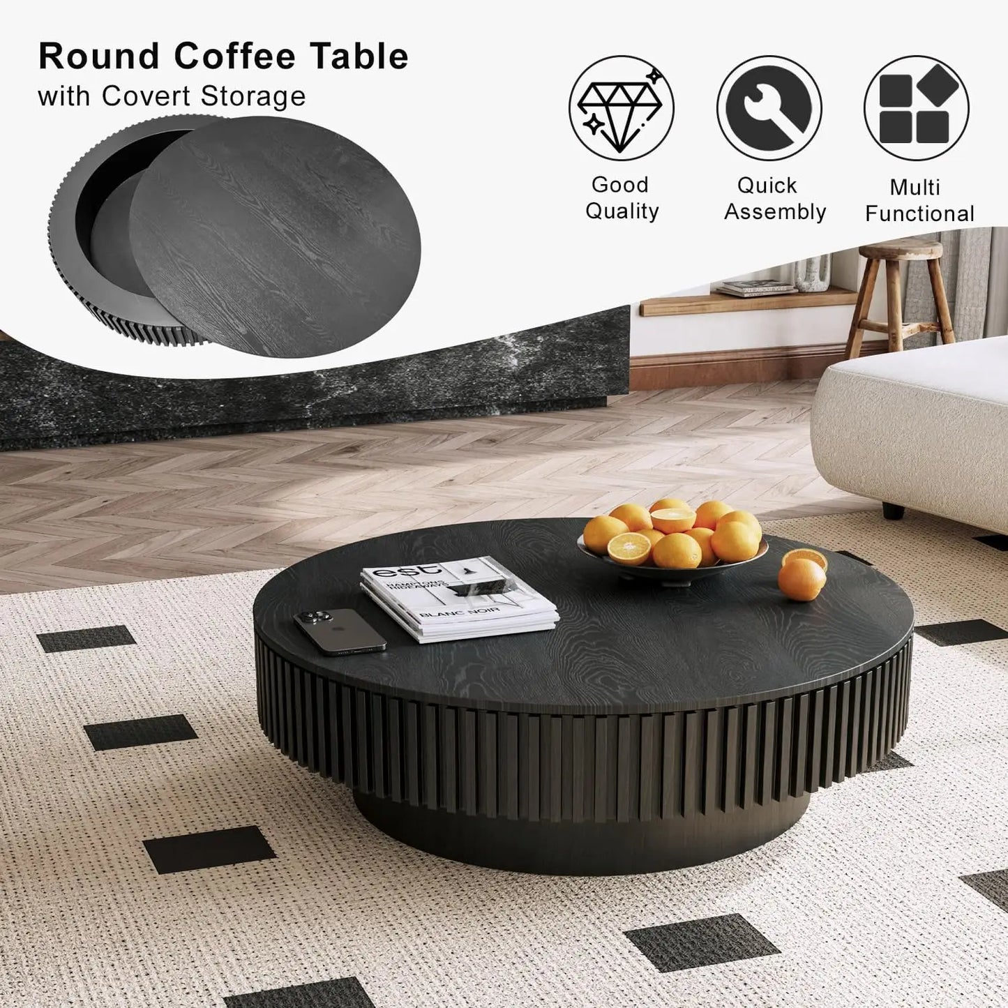 39 Inch Round Coffee Table With Storage Modern Wooden Table