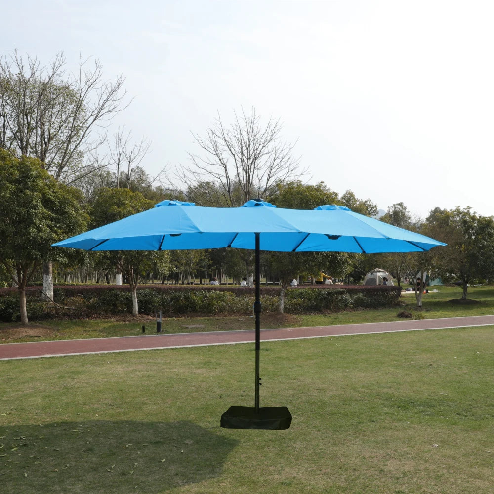 15 X 9 Ft Large Double Sided Rectangular Outdoor Twin Patio Umbrella With LED Light And Base Blue