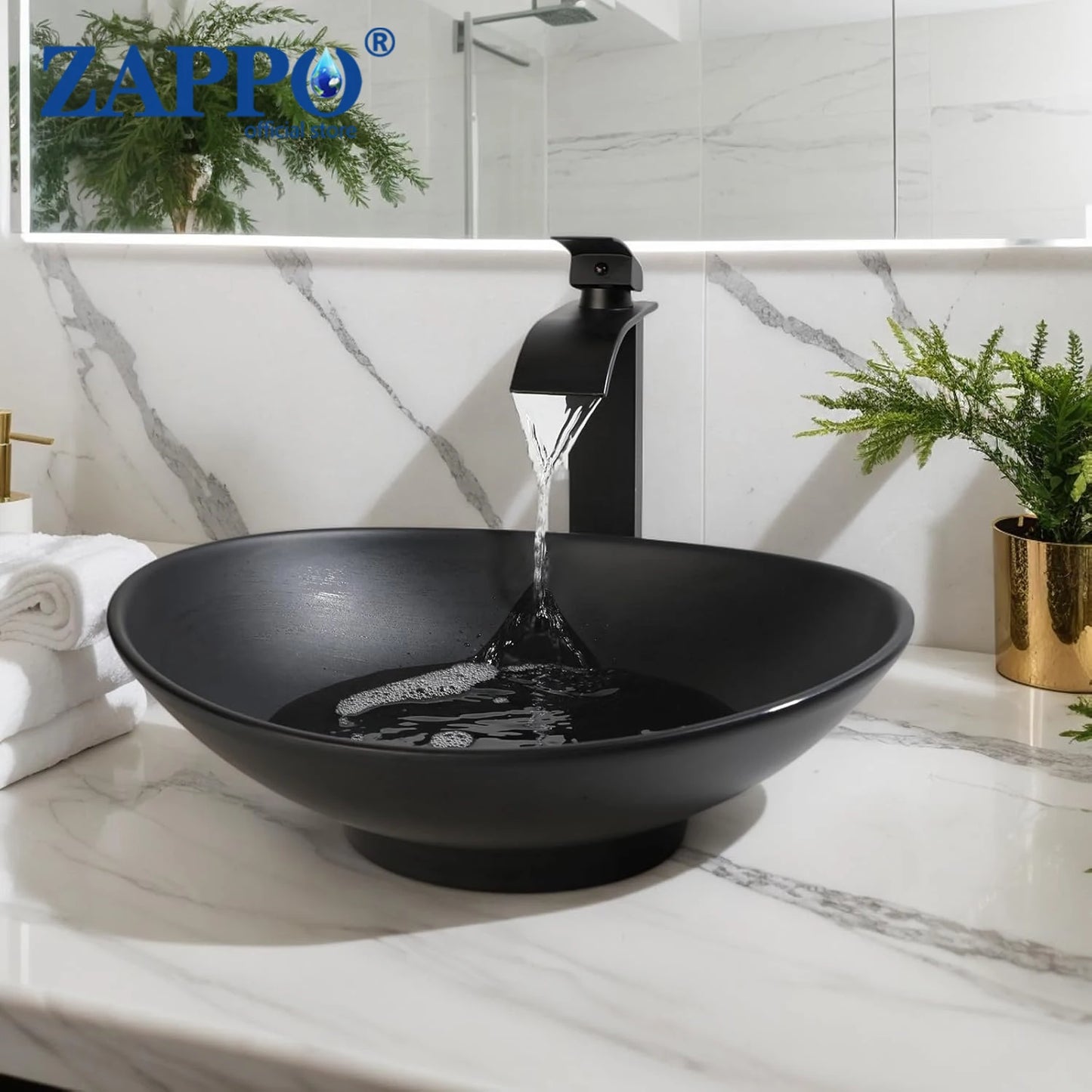 Zappo Black Stone Resin Oval Bathroom Vessel Sink Faucet