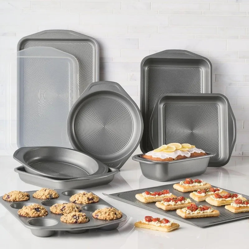 Total Nonstick Bakeware Set with Nonstick Bread Pan Cookie Sheet Baking Pan Baking Sheet Cake Pan and Muffin Cupcake Pan 10 Piece Gray