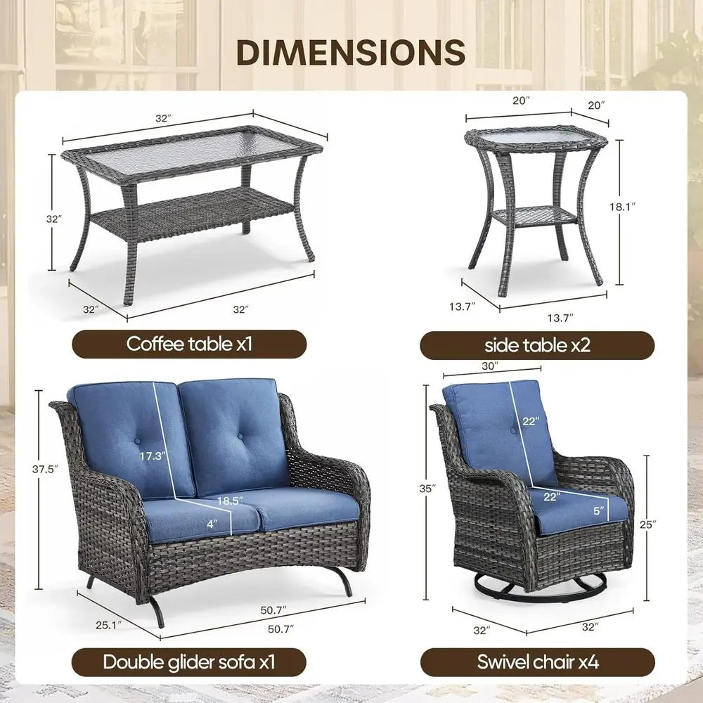 5-Piece Grey Wicker Patio Loveseat Glider Set with Blue Cushions and Swivel Chairs