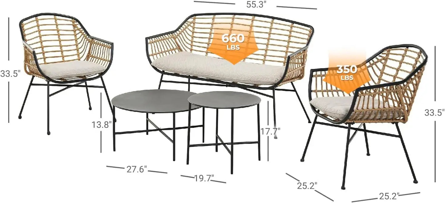 Outdoor Wicker Patio Conversation Set With Cushions And Coffee Tables Boho Style