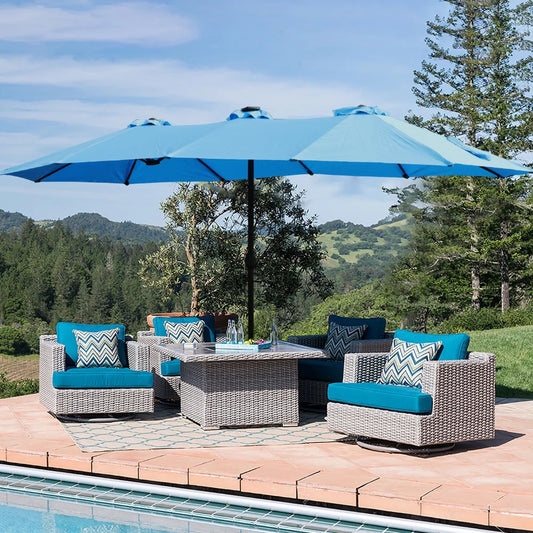 15 X 9 Ft Large Double Sided Rectangular Outdoor Twin Patio Umbrella With LED Light And Base Blue