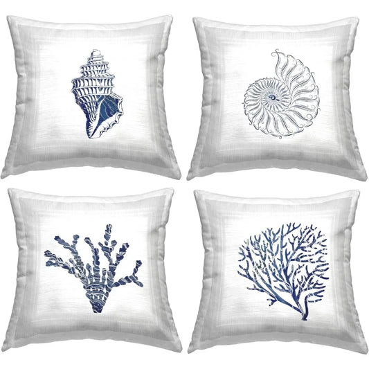 Aquatic Sea Life Shells Design Throw Pillow Set of 4 18 x 18 Blue