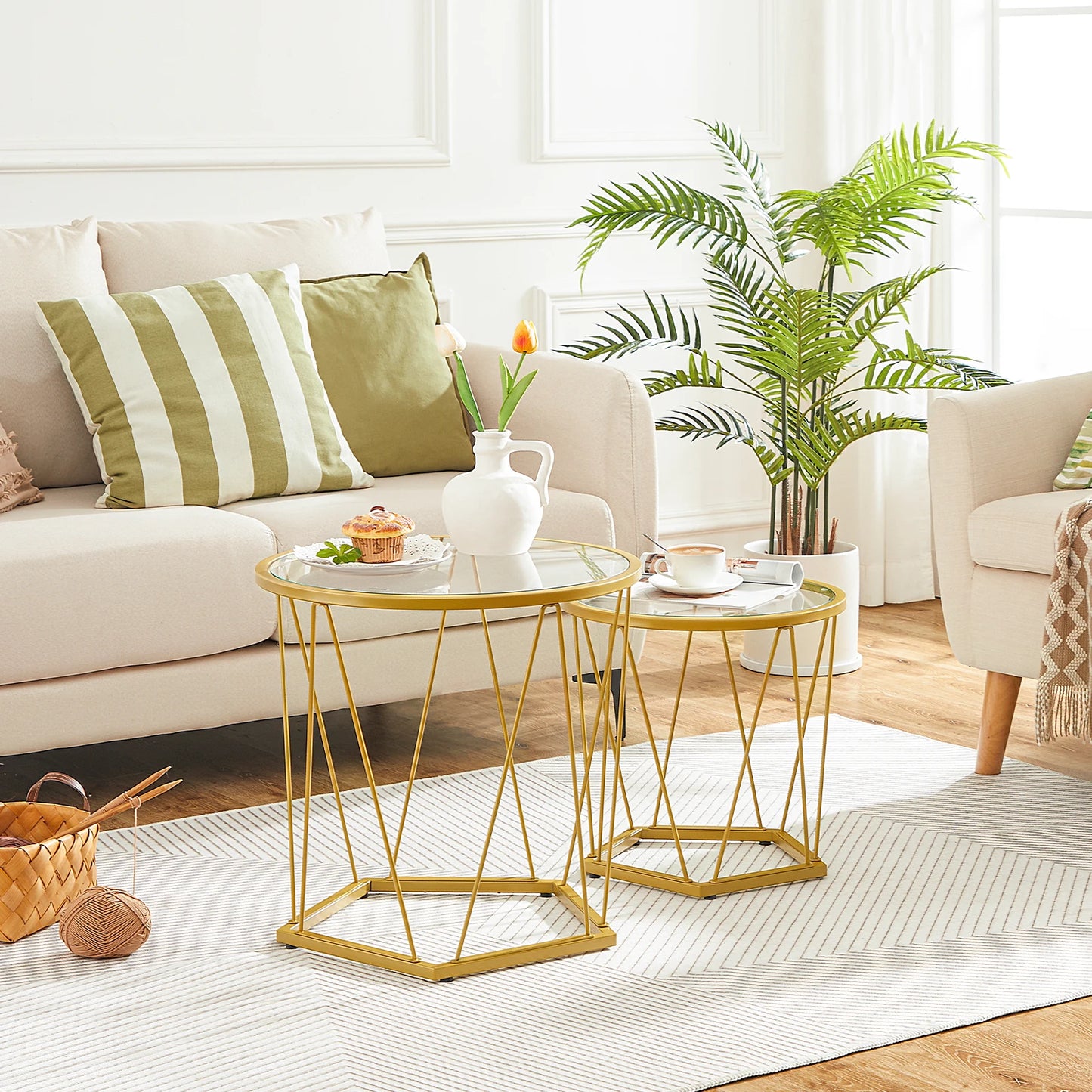 HOOBRO Modern Gold Round Glass Coffee End Tables Set of 2