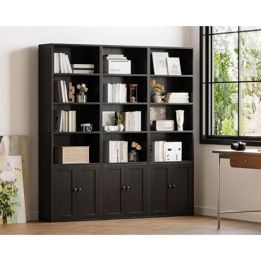 Casaottima Black 6 Tier Bookcase With Doors Floor Standing Home Office