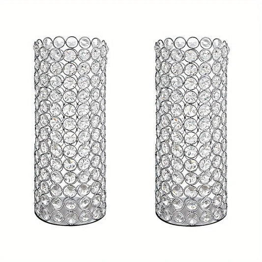 Two Crystal Metal Candle Holders 10.4 Inch High Sparkling Hurricane Decor