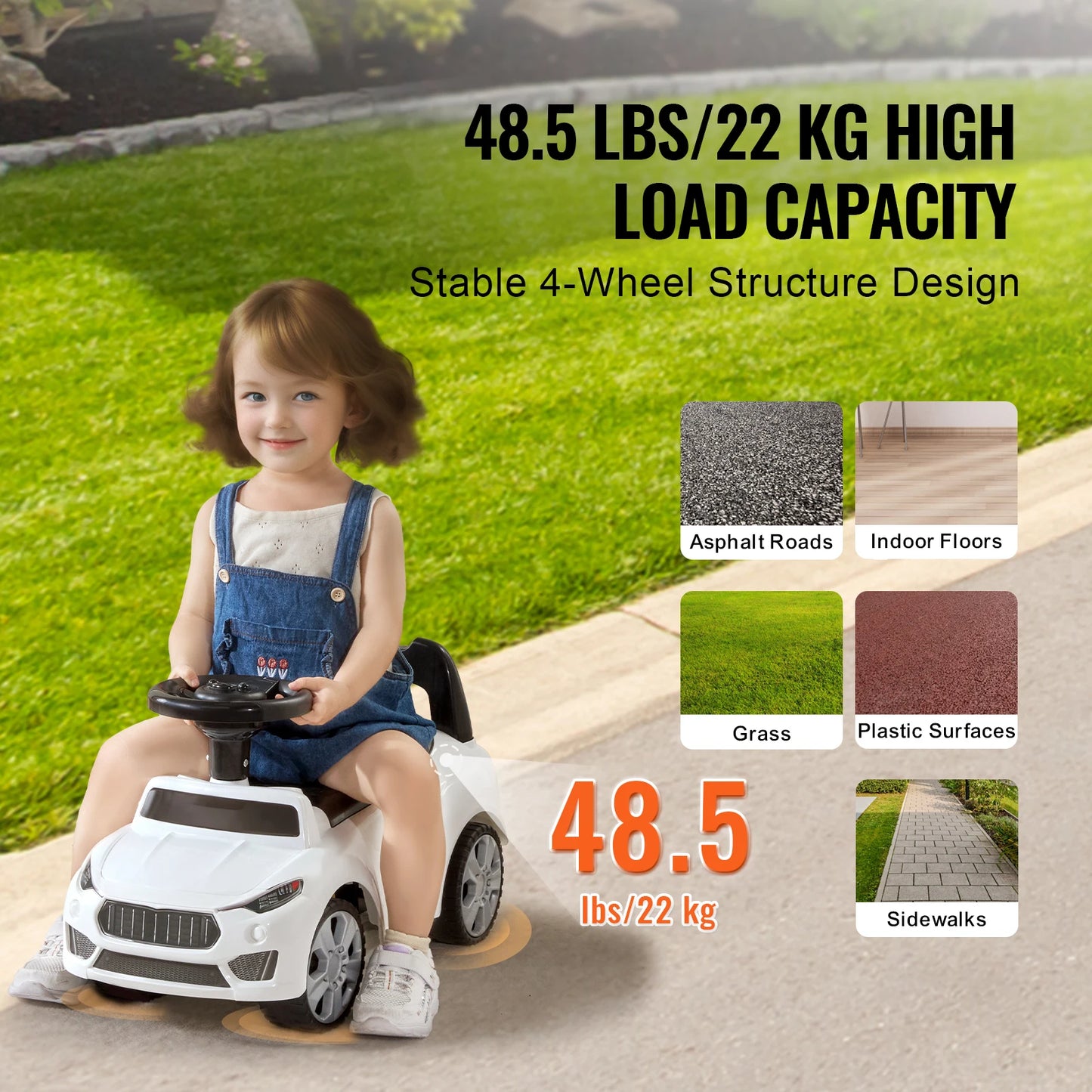 SucceBuy White Pink Ride On Push Car Classic Kids Sports Toy Car with Music Steering Wheel for Toddlers