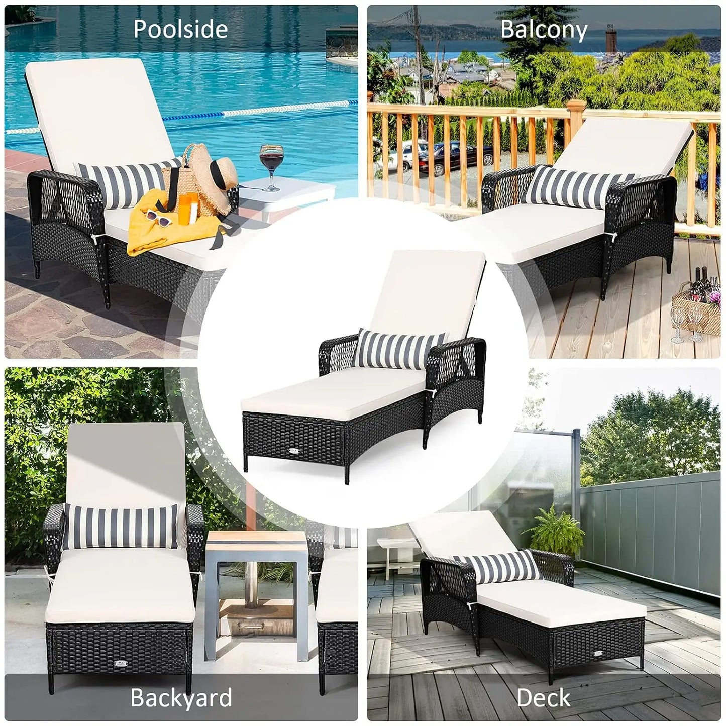 Wicker Chaise Lounge Outdoor Rattan With Adjustable Backrest Cushioned Pad