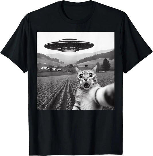 Cat Selfie With Alien UFO Funny Unisex T Shirt Gift For Men Women Kids