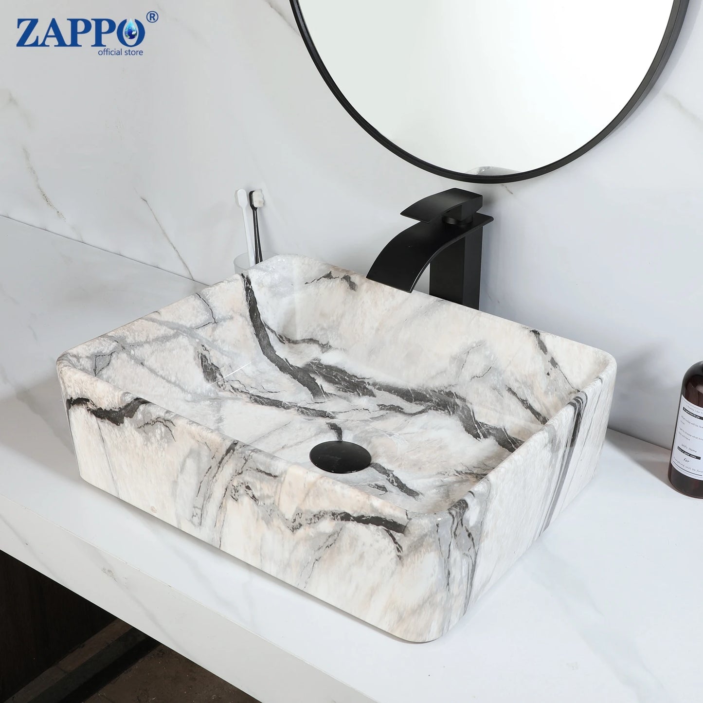 ZAPPO Black Rectangular Vessel Sink with Faucet and Drain