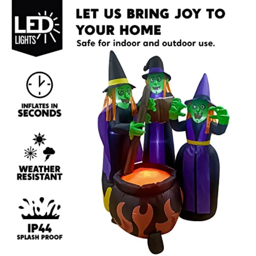 6 Ft Tall Halloween Inflatable Three Witches Cauldron LEDs