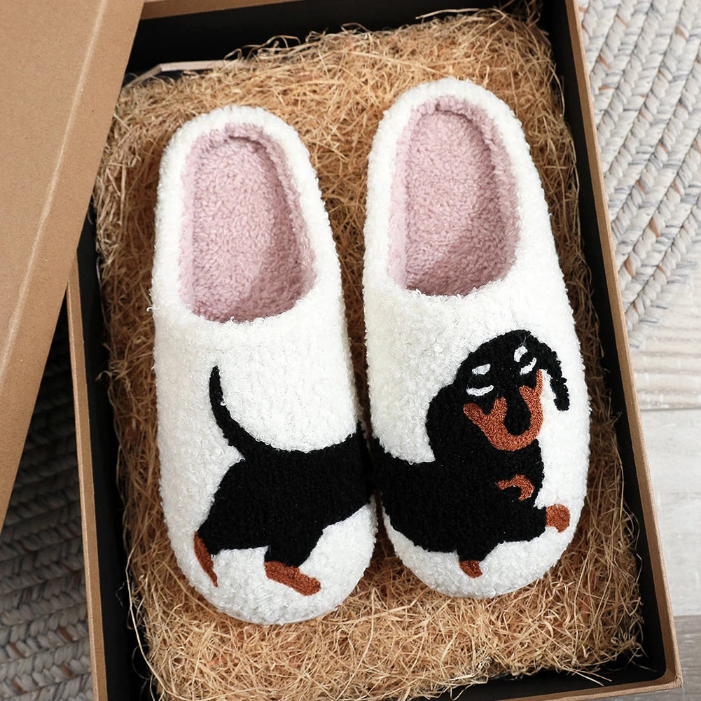 Plush Dachshund Slippers For Women Closed Toe Thermal Flat Home Indoor Outdoor