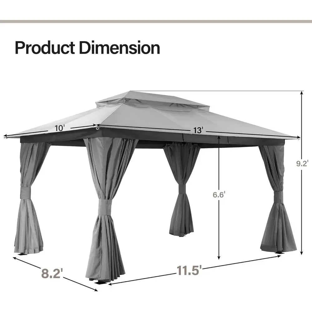 Durable 10x13 Outdoor Gazebo Double Roof Mosquito Netting Privacy Screen Gray