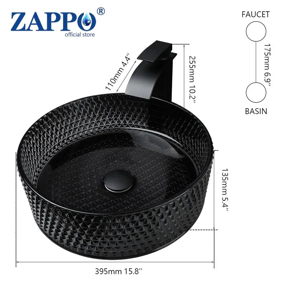 ZAPPO Black Glass Vessel Sink With Deck Mount Faucet