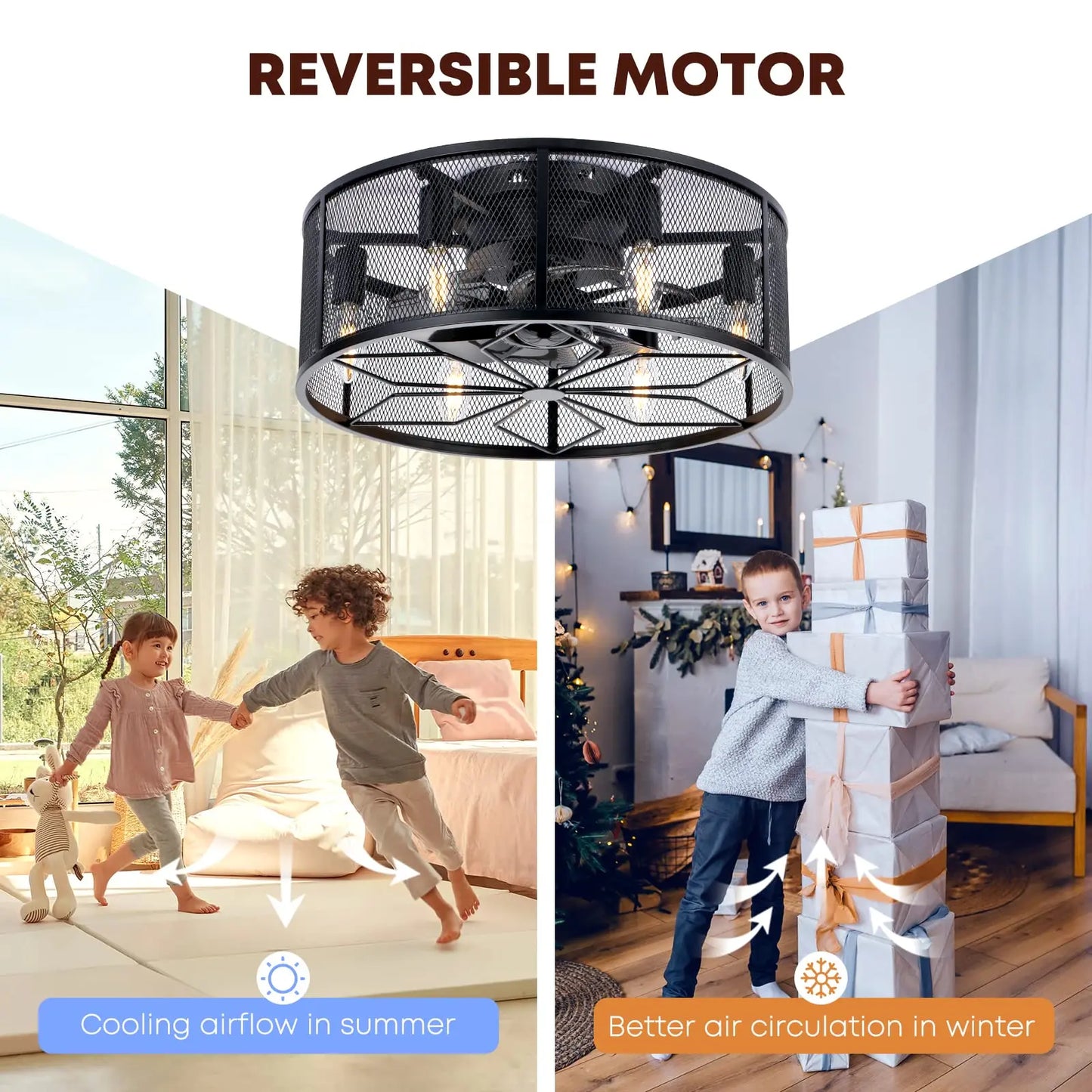 18 Inch Caged Low Profile Ceiling Fan with Light and Remote Black Flush Mount Fandelier Rustic Farmhouse Lighting