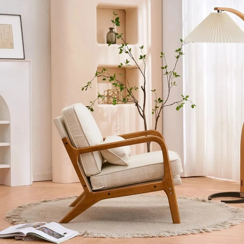 Mid Century Modern Corduroy Upholstered Lounge Armchair With Wood Frame