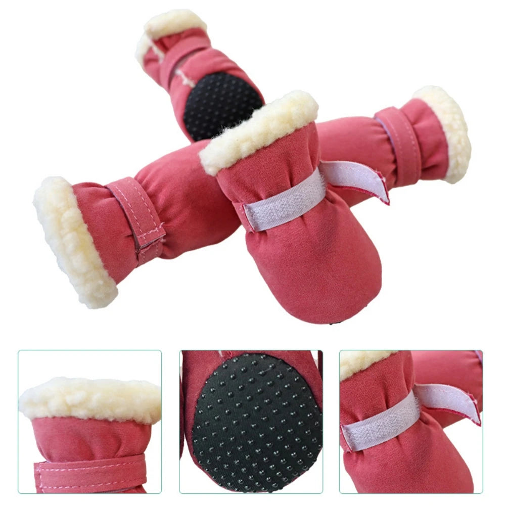4 Pcs Pet Dog Snow Boots Warm Plush Shoes Small Medium Dogs Cats Non Slip Soles