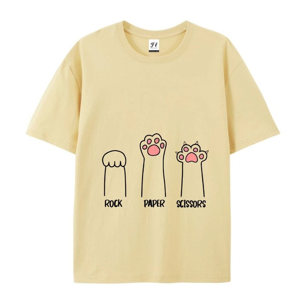 Rock Paper Scissors Cat Print T Shirt Women Oversize Cotton Summer Crewneck