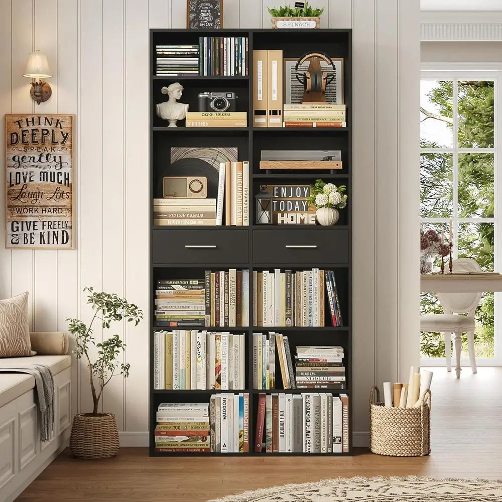 73 Inch High 7 Tier Black Wood Bookshelf Double Wide With Storage For CD DVD
