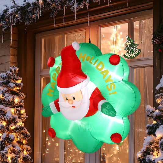 4 Foot Inflatable Santa Window Decor With Wreath LED Lights