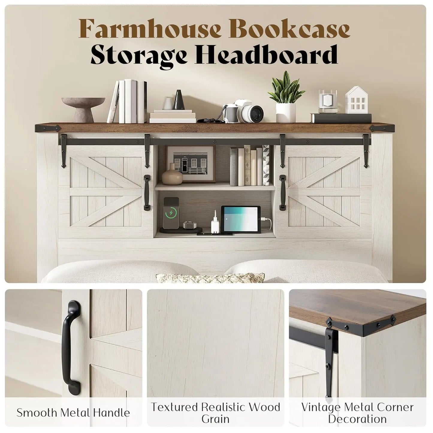 Farmhouse Queen Bed Frame With Storage USB Headboard No Box Spring White Finish