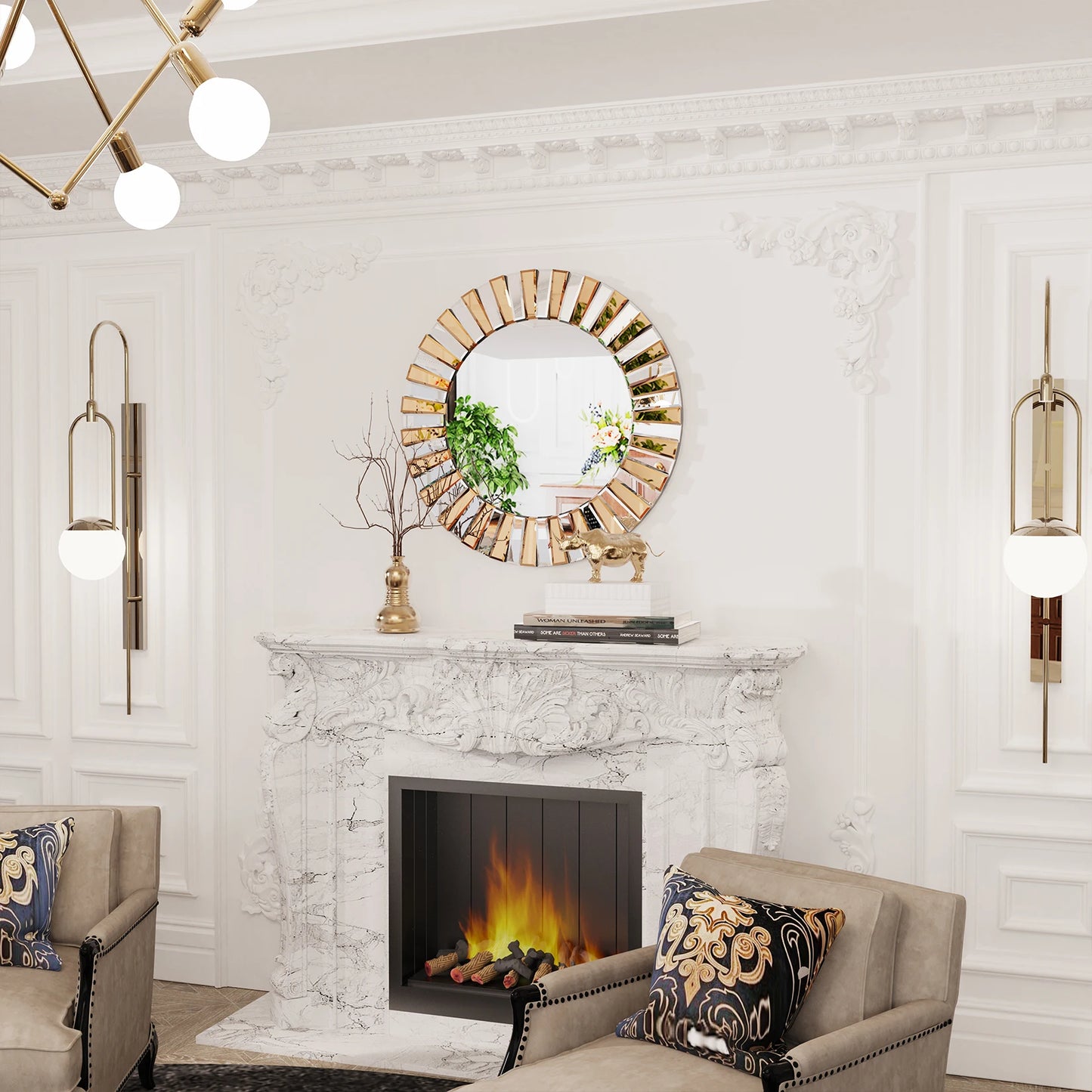 Decorative Round Sunburst Wall Mirror Beveled Edge Glass Bathroom Vanity Hanging Accent Mirror for Living Room
