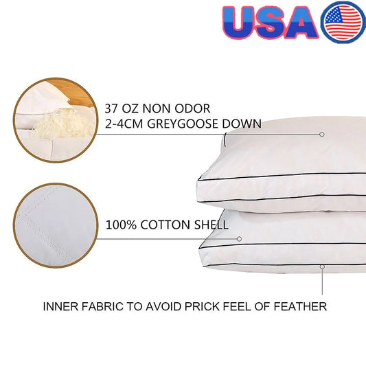 King Size Hypoallergenic Pillow Set of Two Goose Feather Down Filling Soft Plush Support for Back and Side Sleepers