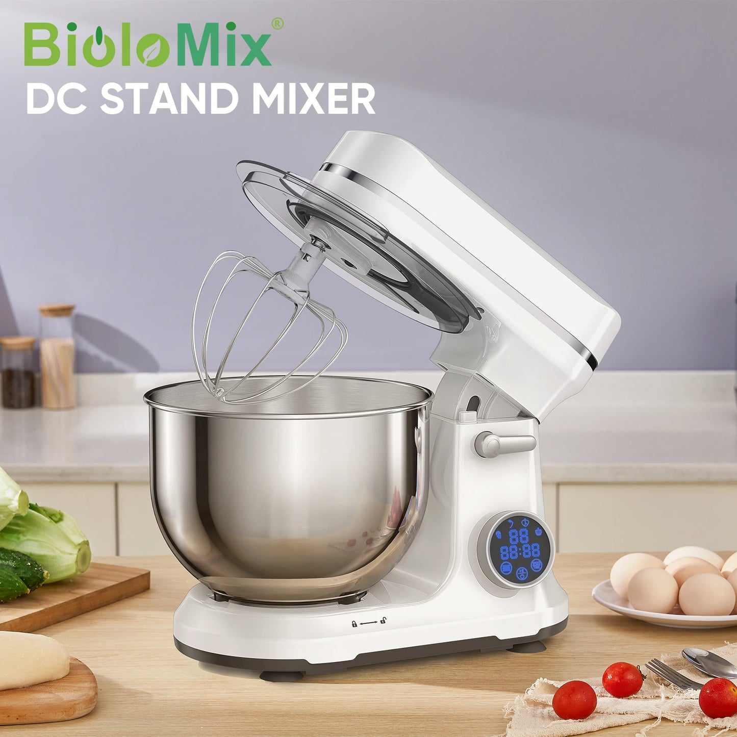 BioloMix Kitchen Food Stand Mixer 1200W 11 Speeds DC Motor Digital OLED Screen Electric Food Mixer with Dough Hook and Whisk