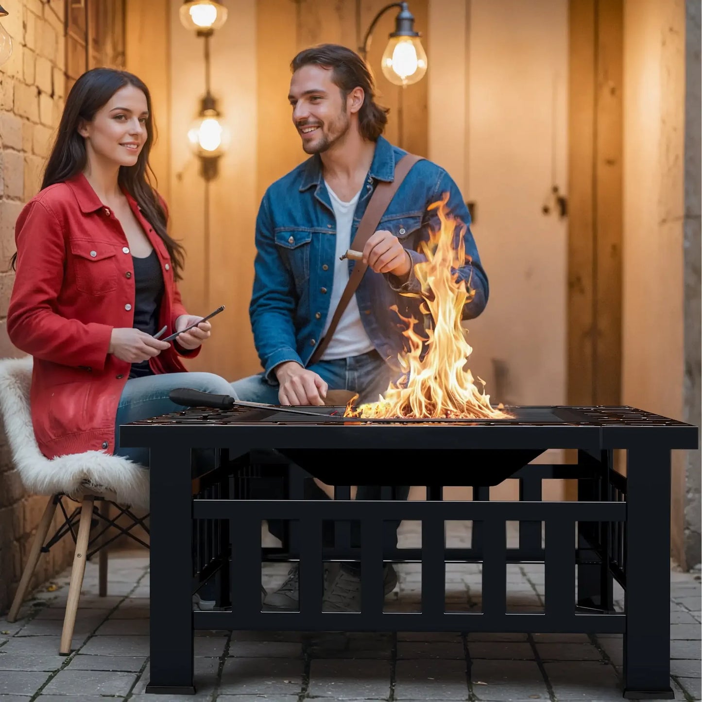 32 Inch Fire Pit Table Patio Ice Storage Mesh Lid Black