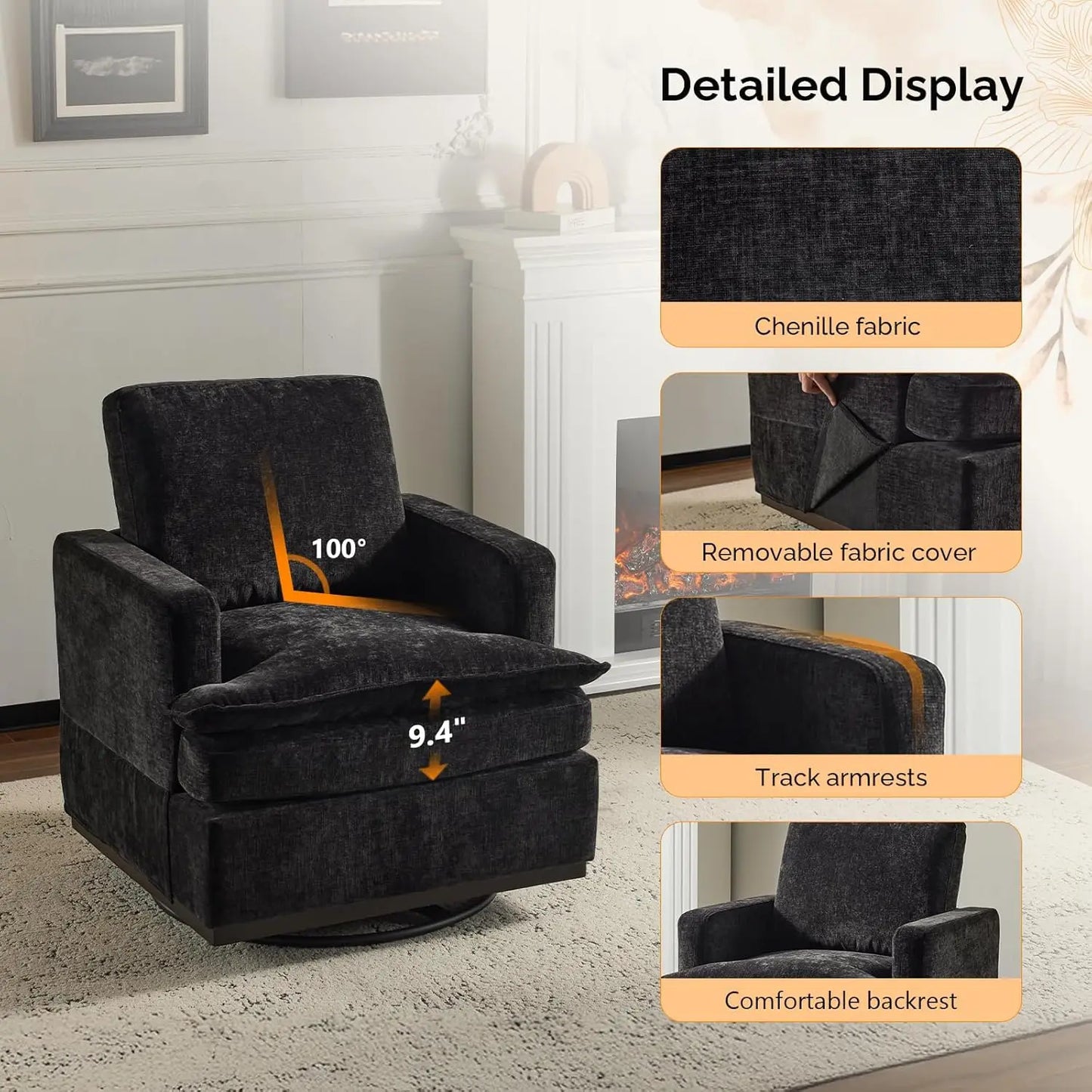 360 Degree Swivel Mid Century Modern Accent Armchairs Set Of 2 With Cushions
