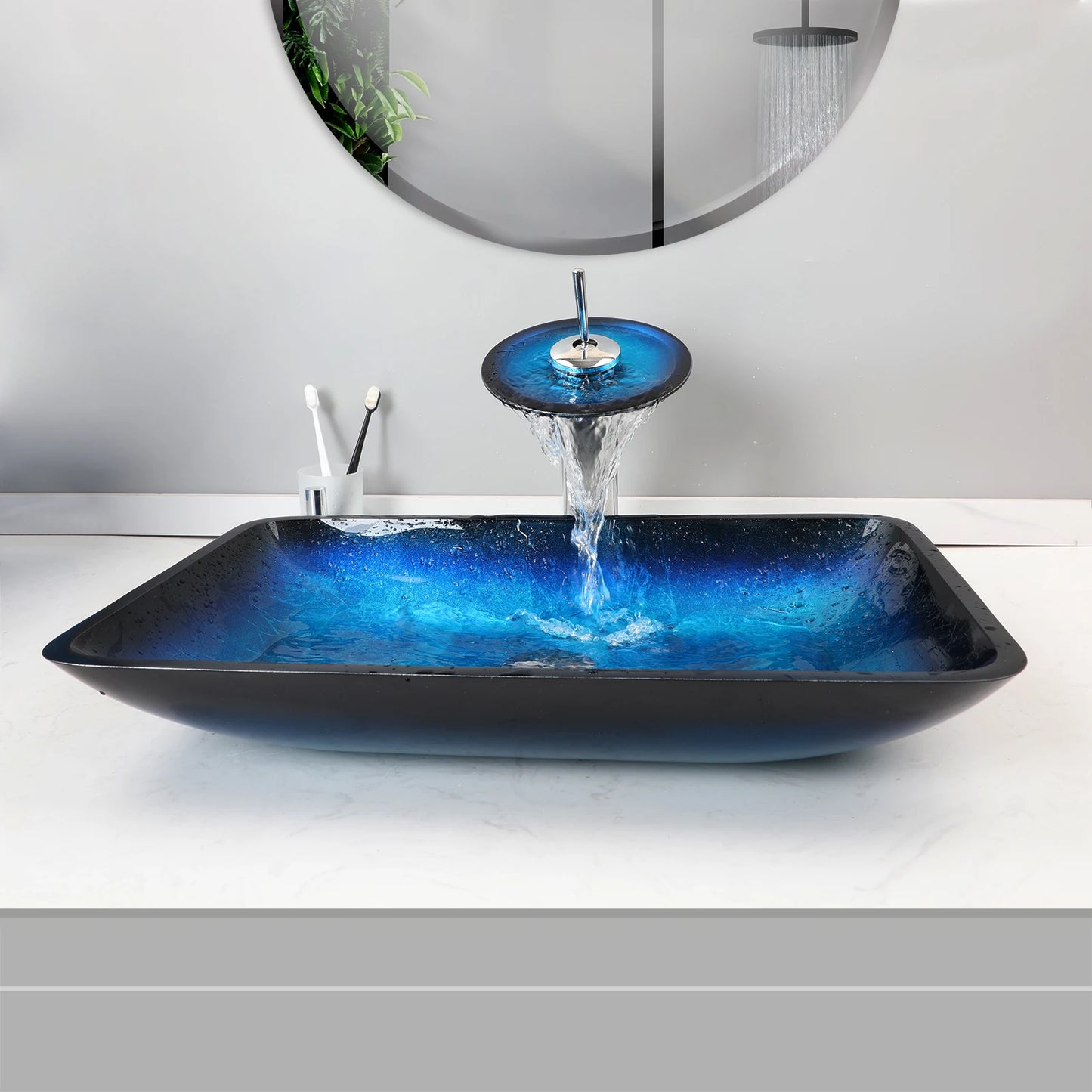 ZAPPO Tempered Glass Vessel Sink With Waterfall Faucet Blue