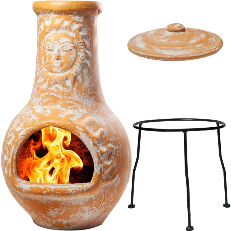 Medium Outdoor Clay Chimeneas With Chimney Rain Lids And Metal Stands Terracotta