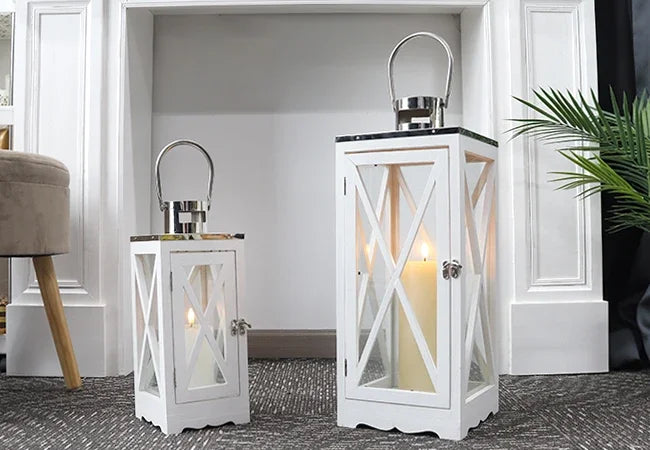 Farmhouse Wood Lantern With Tempered Glass And Steel Handle