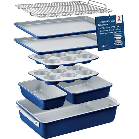 8 Piece Stackable Bakeware Set Ceramic Non Stick Oven Safe Baking Sheets and Pans PTFE PFOA PFOS Free with Cooling Rack
