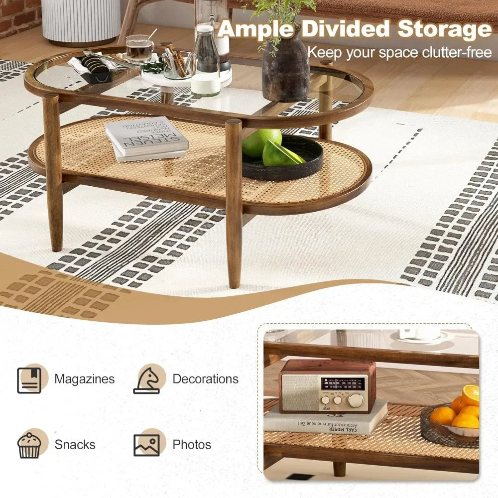 Rattan Coffee Table 2 Tier Acacia Wood With Glass Top Shelf