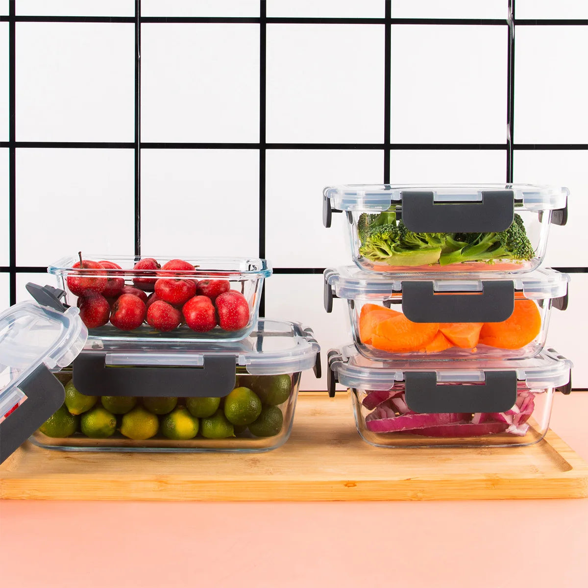 8 Piece Glass Food Storage Containers Set BPA Free Leakproof Microwave and Oven Safe 6 Sizes Borosilicate Glass Lock Lid