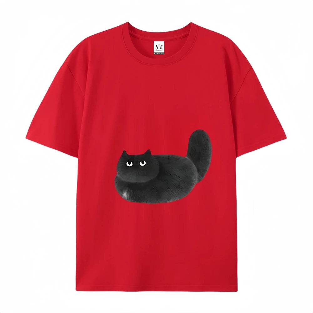 Womens Casual Black Cat Cartoon Print Short Sleeve TShirt Durable Machine Washable