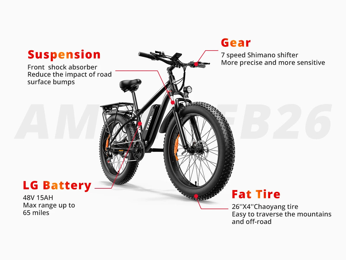 AMYET EB26 Electric Bike 1500W 48V 15Ah 26 Inch Fat Tire Mountain Bike 31 Mph