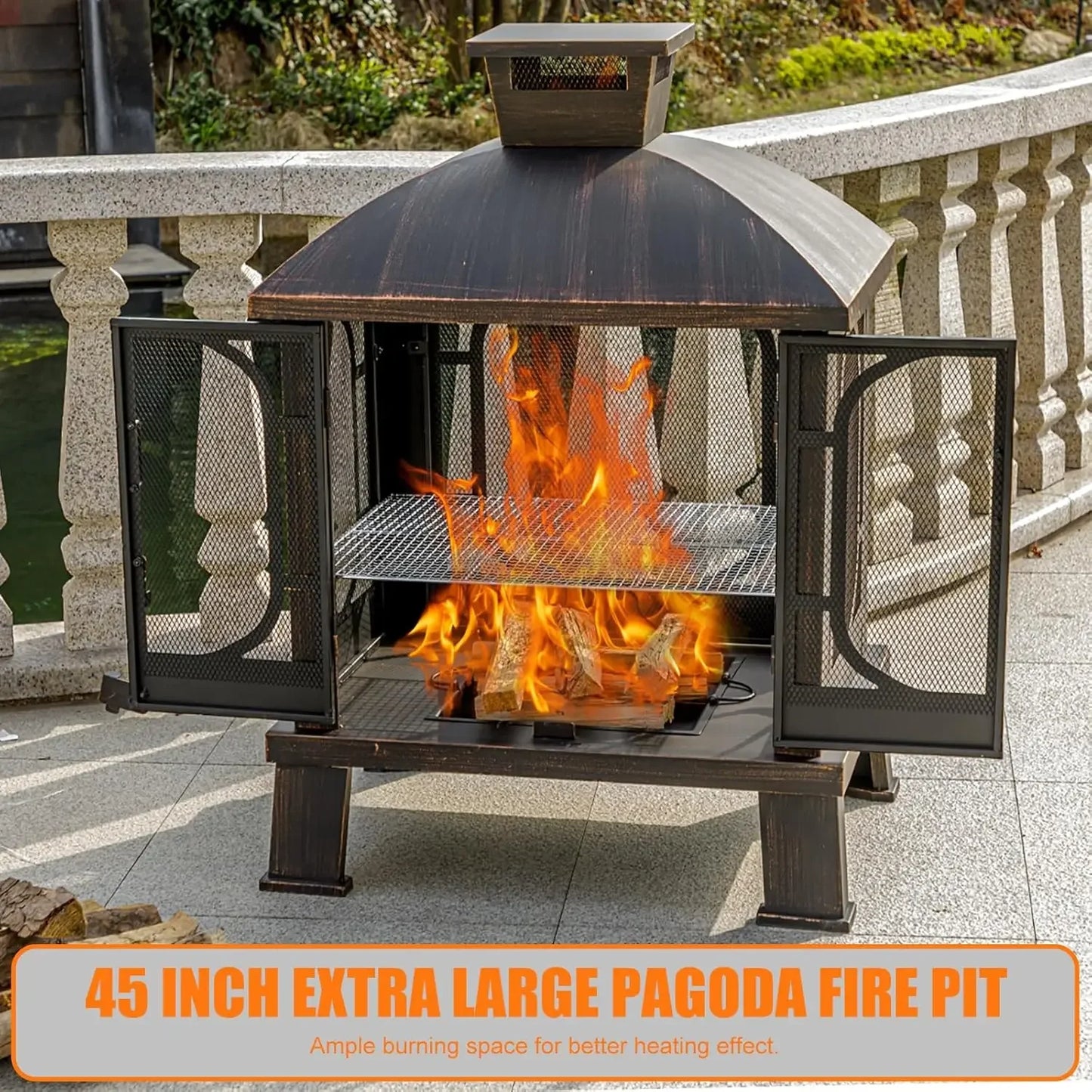 45 Inch High Metal Chiminea Fire Pit With Grill Garden